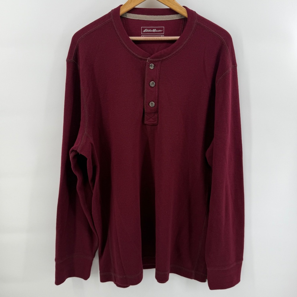 Eddie Bauer Mens XL Burgundy Waffle Knit Thermal Long Sleeve Henley Shirt Maroon